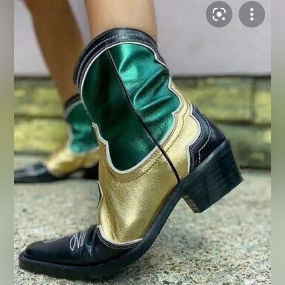 Zara metallic Green Gold Women's cowgirl  western Midwest festival fall Boots.